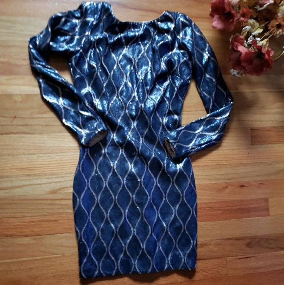 Dress the Population Long Sleeve Sequin Blue & Gold Women's Medium Deep V BACK - Picture 11 of 11
